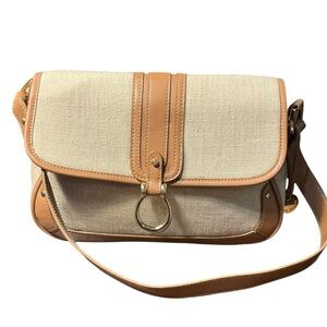 Etienne Aigner Purse~ Beige Linen Blend~Tan  Trim~Snap Close Gold Hardware